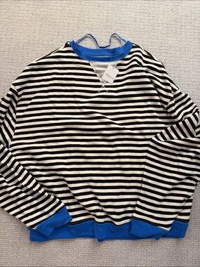 Free People Black & White Striped Crewneck Sweatshirt with Blue Trim